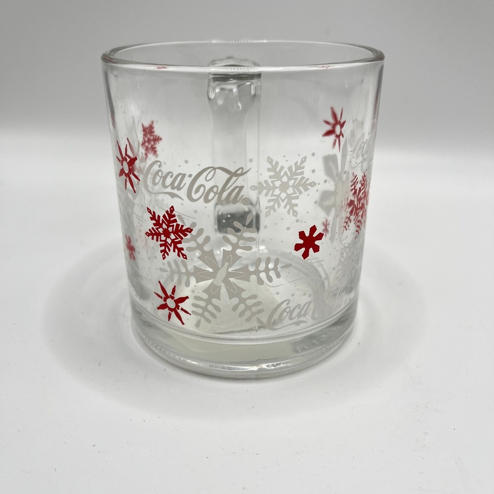 Coca-Cola Libbey Glass Mug Snowflake Christmas Red White Clear Coffee Cup 5213 - Picture 4 of 5
